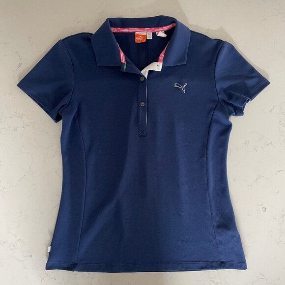 Puma Sport Lifestyle Dry Cell SS 3 Button Poly Polo Shirt Navy + White Accent M - Picture 1 of 12